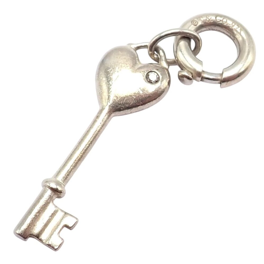 Tiffany & Co. Silver Diamond Key Heart Charm Pendant + Spring Ring Clasp